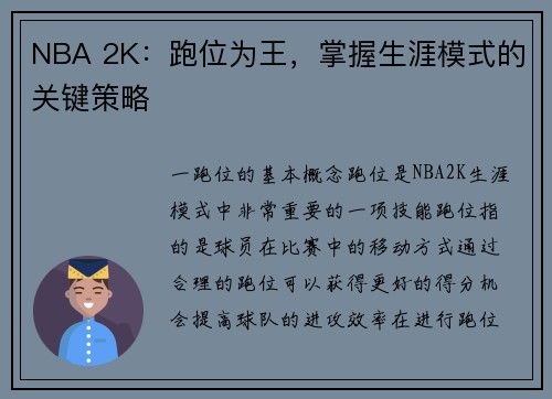 NBA 2K：跑位为王，掌握生涯模式的关键策略